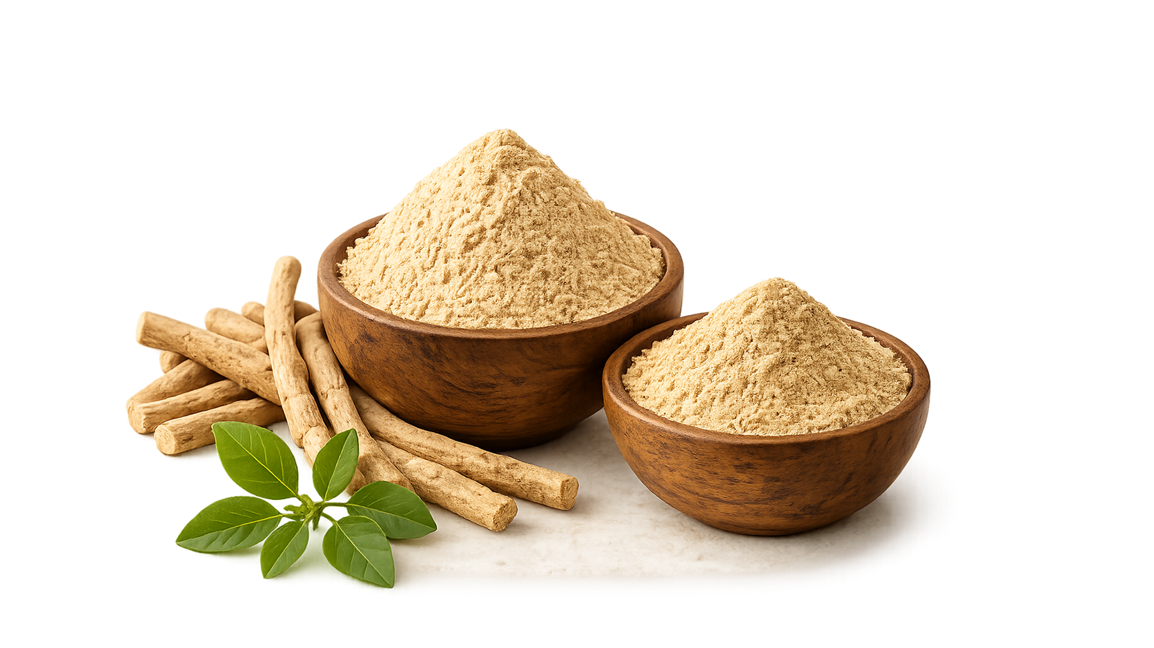 Ashwagandha powder in wooden bowl with roots